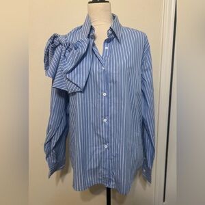 Blue Striped Women's Top with Bow Detail
